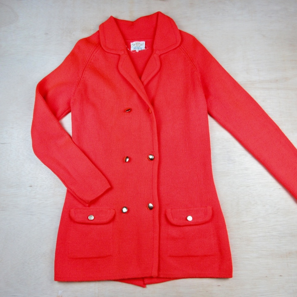 Vintage Mid Century 1960's Orange Crush Cardigan Tunic Sweater, Wool S, M